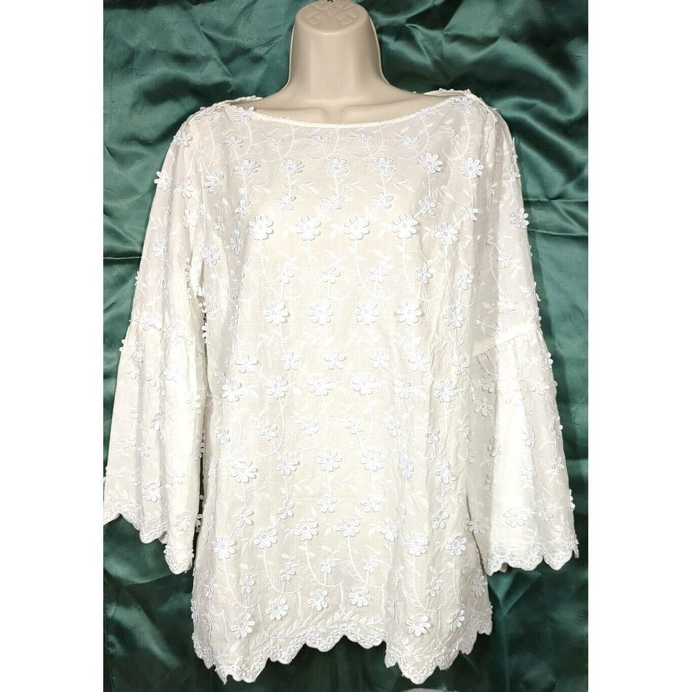 Soft Surroundings Blouse Tunic L Embroidered White Bishop Sleeves Boho Chic Glam - Picture 3 of 12